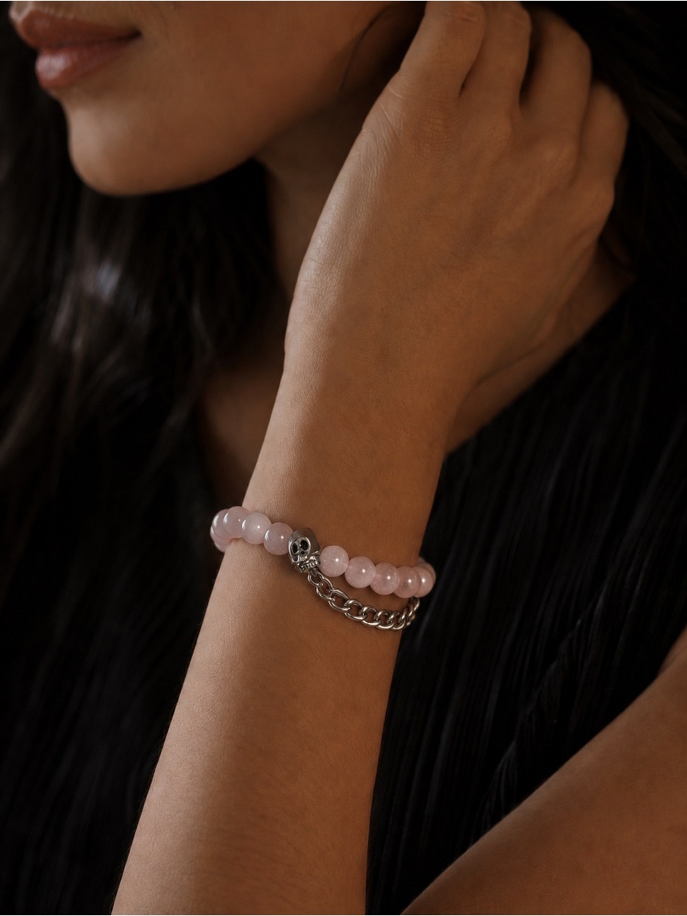 Custom Rose Quartz + Skull + Chain Beaded Bracelet